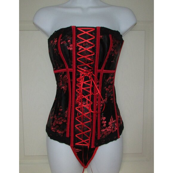 Black Red Asian Themed Jacquard Corset Set - NEW - Picture 2 of 9